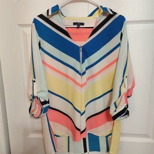 MM By Michelle Women's M Blouse Striped Hi Low Multi Colored Top 3/4 Sleeve Zip